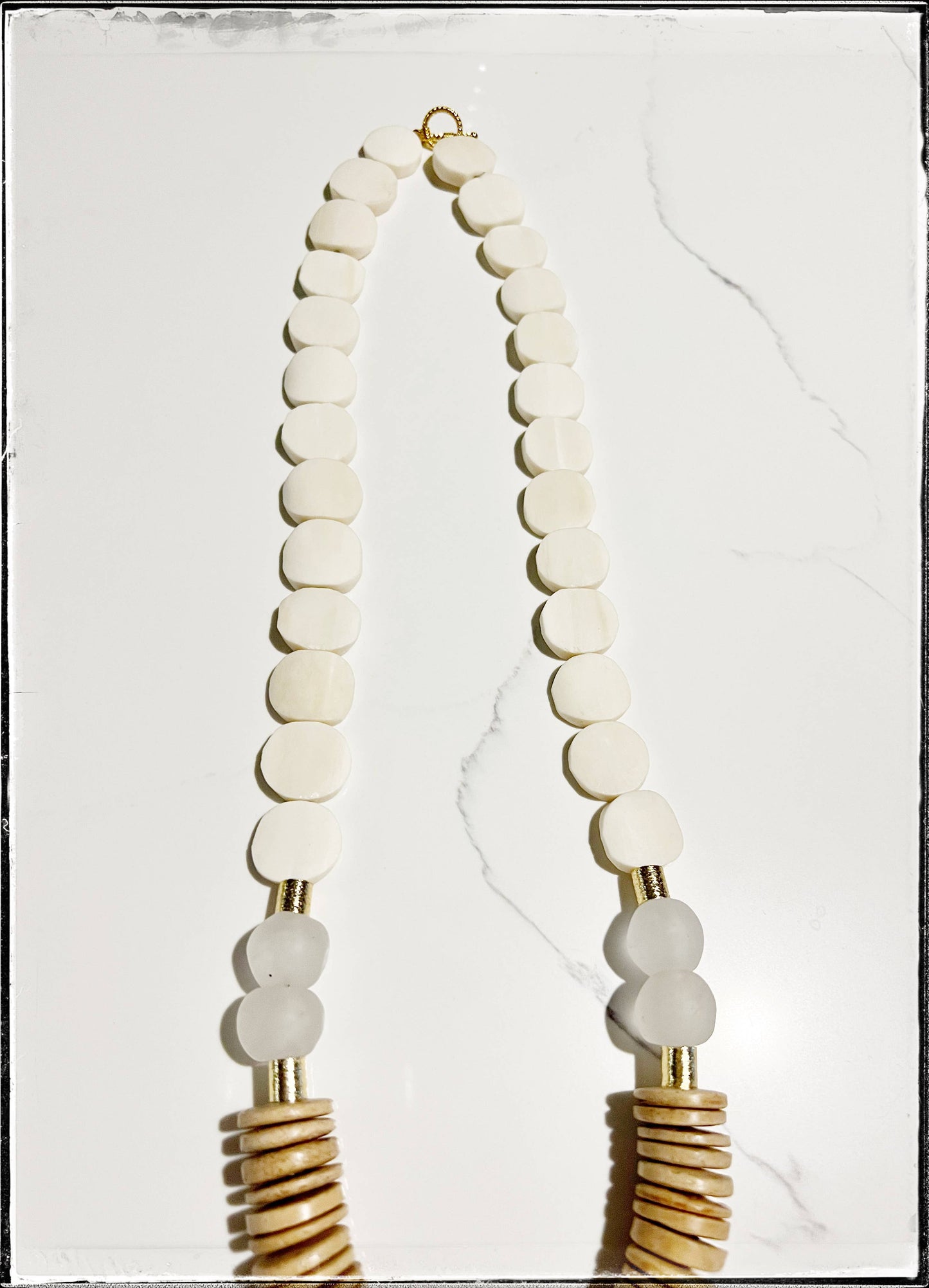 White African Bone Flat Bead Long Statement Necklace