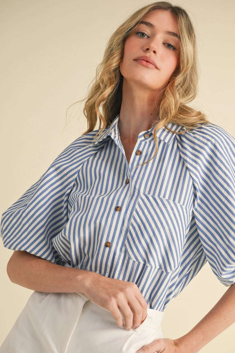The Blue Bubble Sleeve Button Blouse | &Merci