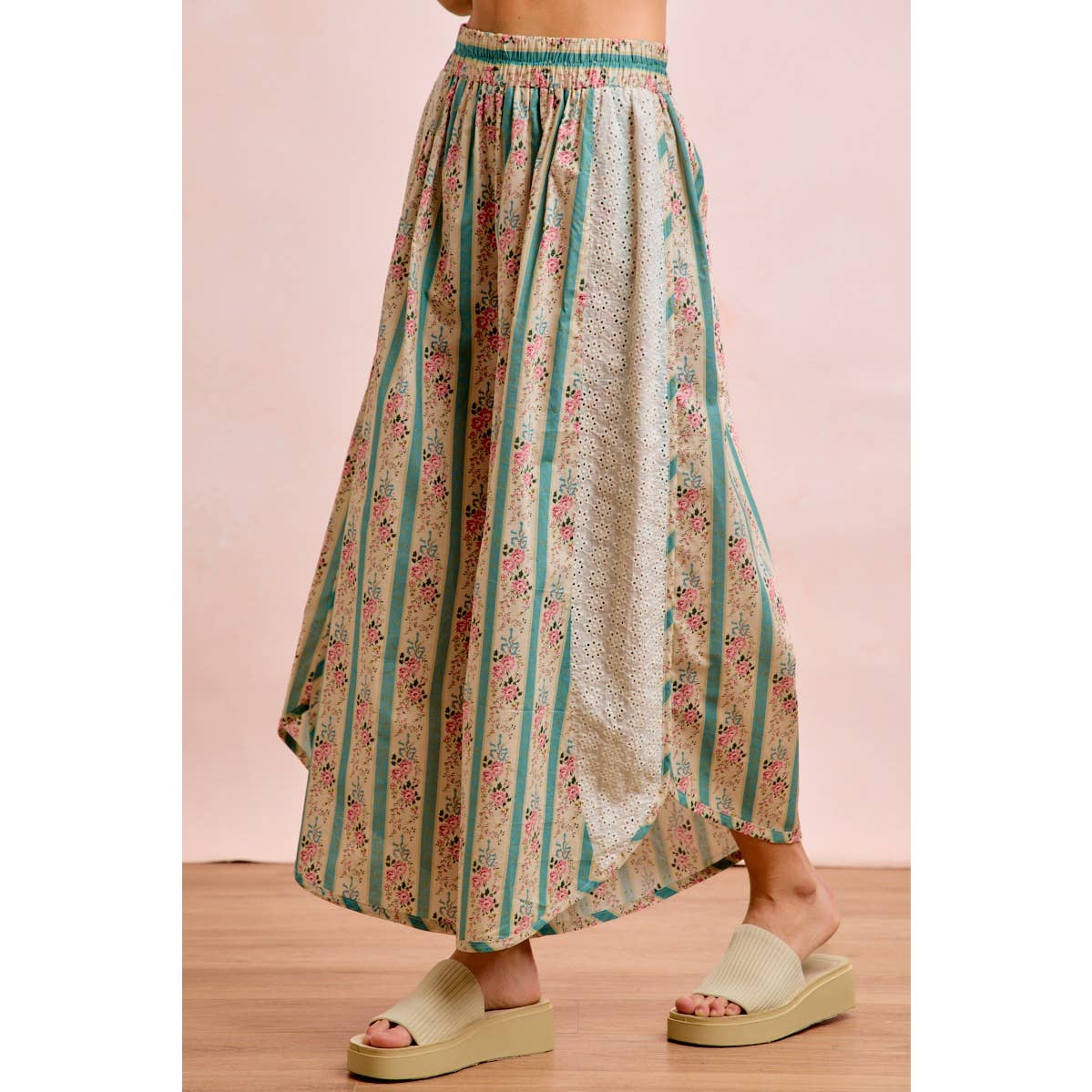 FLORAL EYELET SIDE ELASTIC WAIST WIDE LEG PANTS