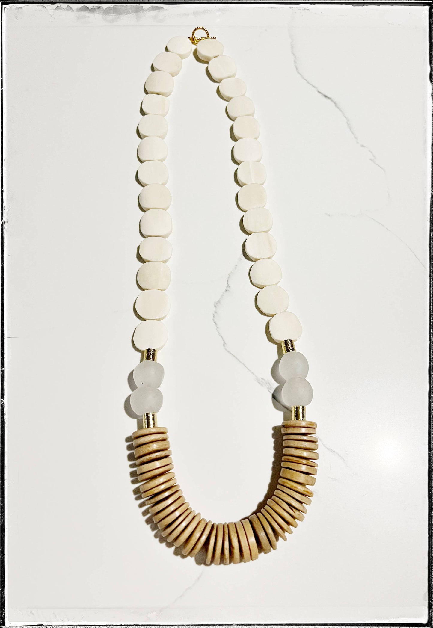 White African Bone Flat Bead Long Statement Necklace