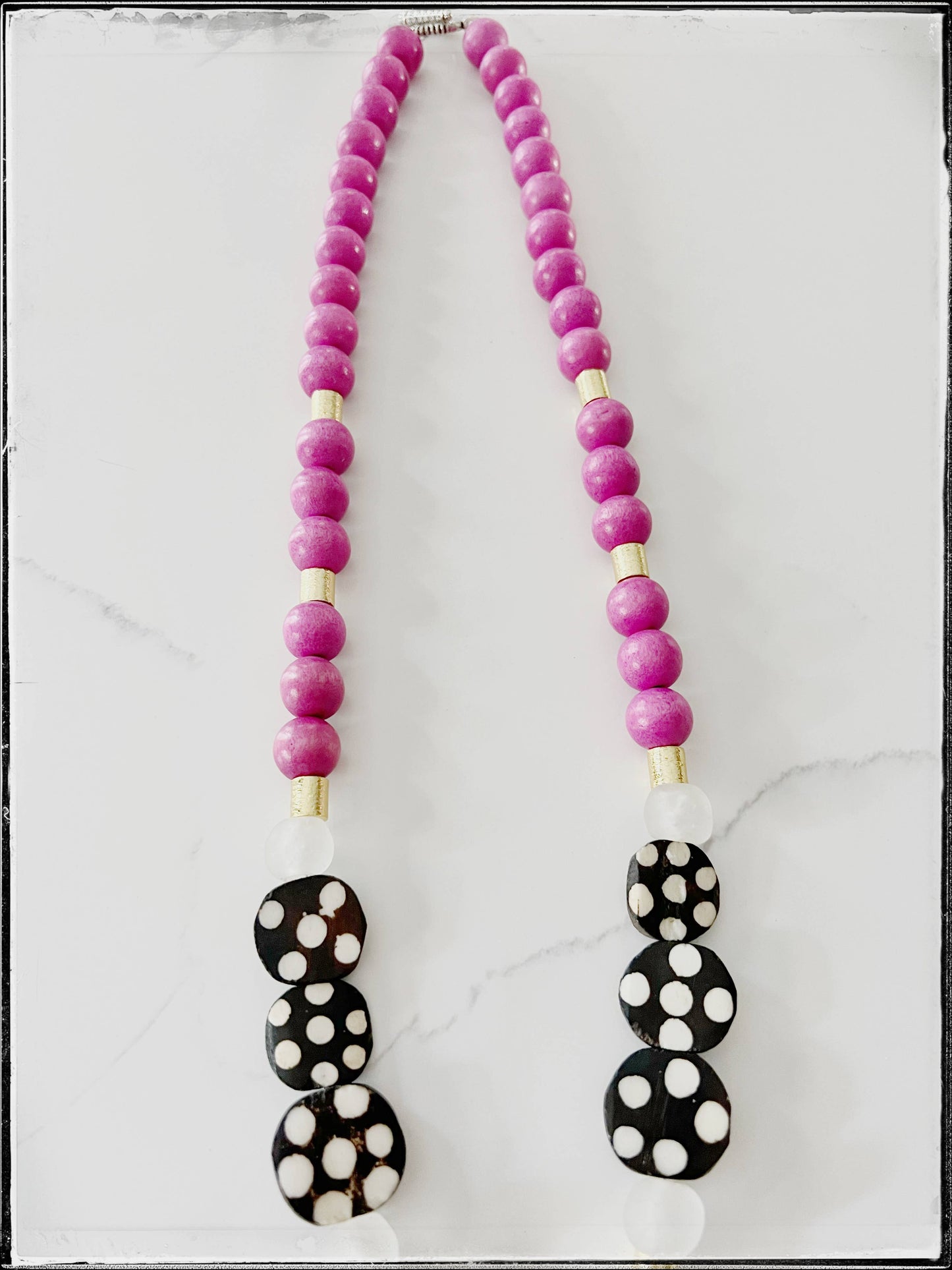 Wood & Bone Bead Necklace w/ White Bone Crescent Pendant