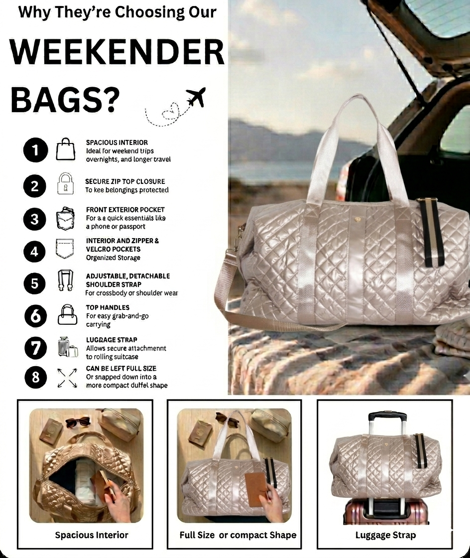 Diamond Quilted Weekender Duffel Bag | Champagne