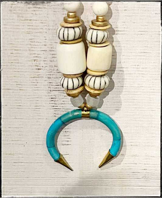 Wood & Afr. Bead w/ Turq. Pendant - Stripe African Bone Bead