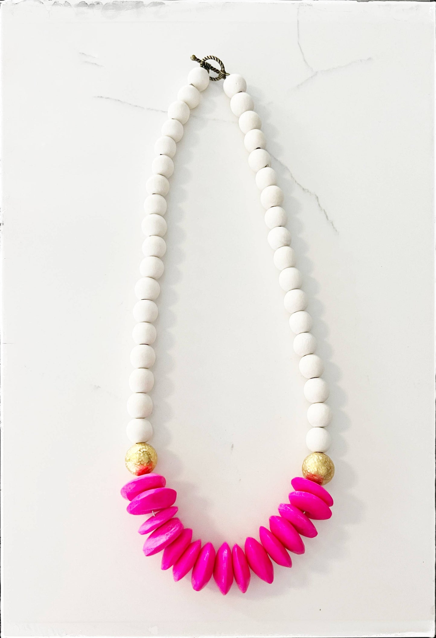 White Wood & Disk African Bone Bead Short Necklace Layering 