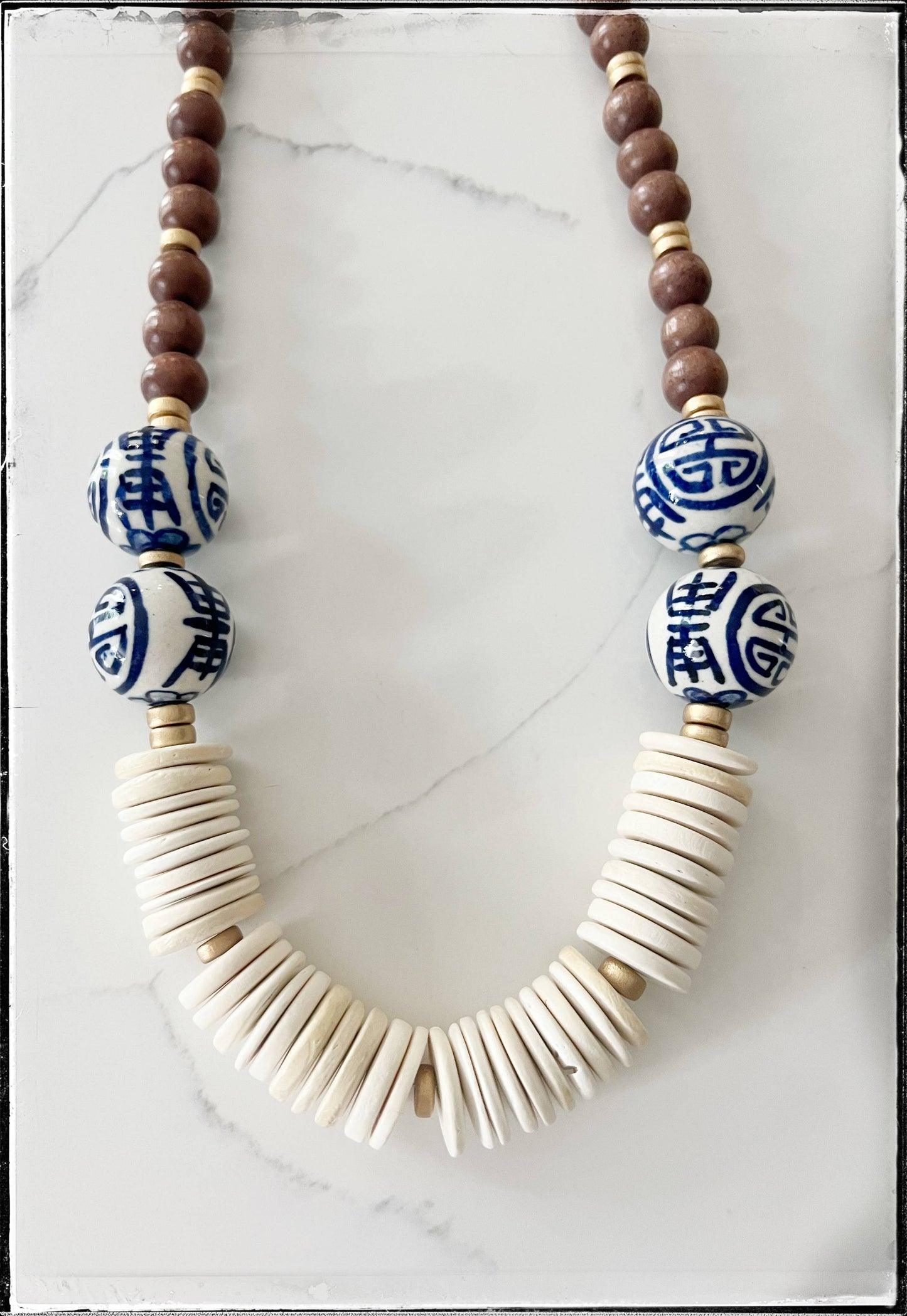 Blue Ceramic Chinoiserie Glass Bead & Wood Necklace- Tan
