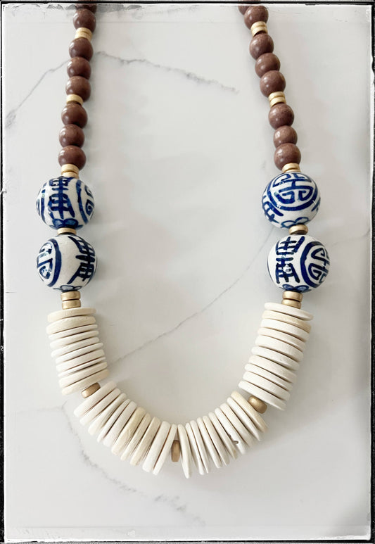 Blue Ceramic Chinoiserie Glass Bead & Wood Necklace- Tan