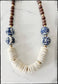 Blue Ceramic Chinoiserie Glass Bead & Wood Necklace- Tan