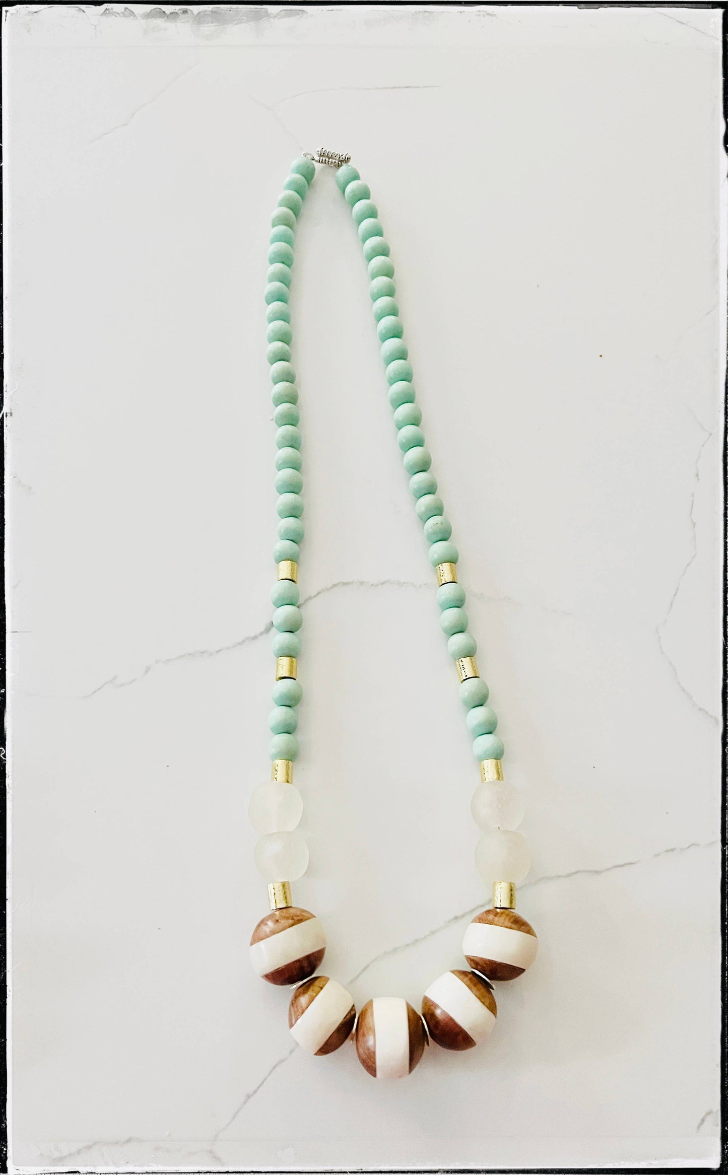 Tanzania Wood & Bone Bead Glass Bead Necklace- Mint Green
