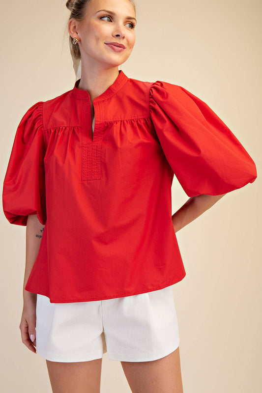 China Collar V-Neck Bubble Sleeve Poplin Top