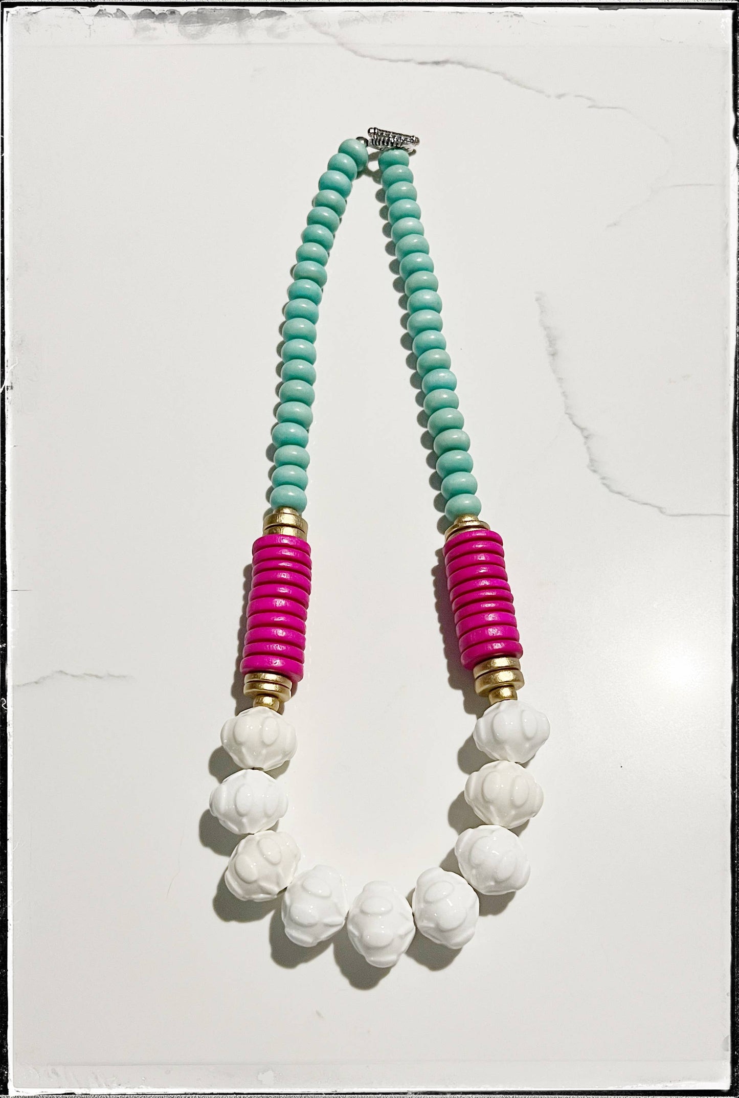 White Ceramic Glass Beads & Pink Coconut Wood Bead Necklace