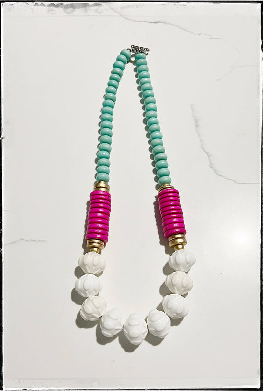 White Ceramic Glass Beads & Pink Coconut Wood Bead Necklace